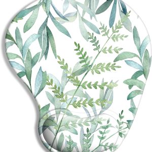 Ergonomic Mouse Pad with Wrist Rest Support Gel, Cute Wrist Pad with Non-Slip Rubber Base, Easy Typing & Pain Relief, Green Plants