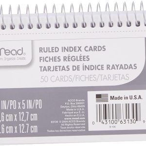 Mead Index Cards, Spiral, Ruled, 3" x 5", White, Blank Back, 50 Cards per Pack, 1 Pack (63130)