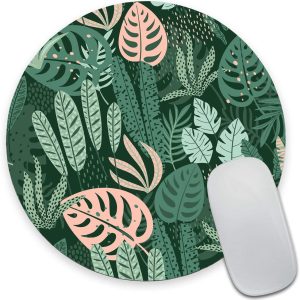 Round Mouse Pad, Tropical Plant Leaves Mouse Pad, Green Mouse Pads for Desk, Washable Gaming Mousepads with Lycra Cloth, Non-Slip Rubber Base Computer Small Mouse Pads for Wireless Mouse